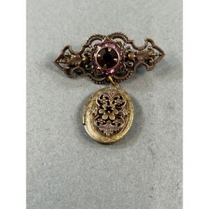 Liz Palacios SF Vintage Style Brass Locket Brooch Purple Red Crystal Pin